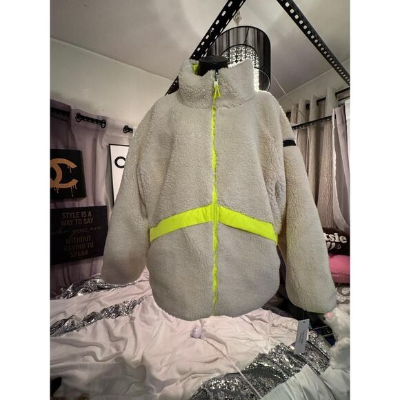 nwt ck calvin klein performance fleece reversible neon yellow jacket coat sherpa - Picture 3 of 6